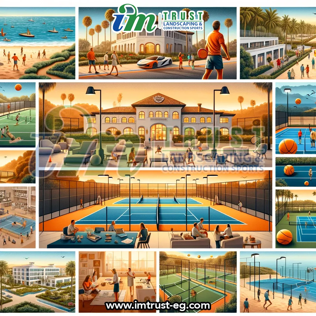 A collage depicting various success stories of Padel Factory customers. The image should include scenes of a community center, a beach resort, a schoo