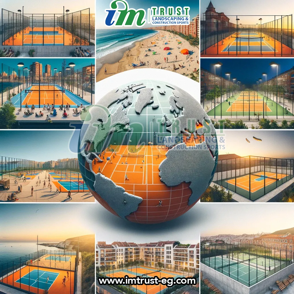 A collage showing a variety of padel courts around the world, illustrating Padel Factory's global reach. The image should include courts in diverse en