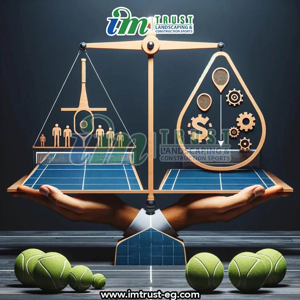 A visual representation of balancing quality and affordability in padel court manufacturing. The image should depict a high-quality padel court 