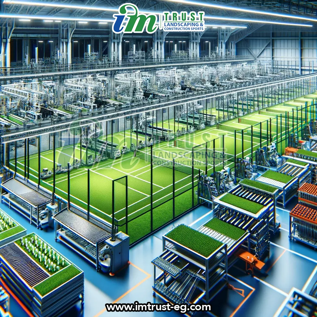 An advanced manufacturing facility for padel courts, showcasing the production line with high-quality materials like reinforced aluminum frames, 