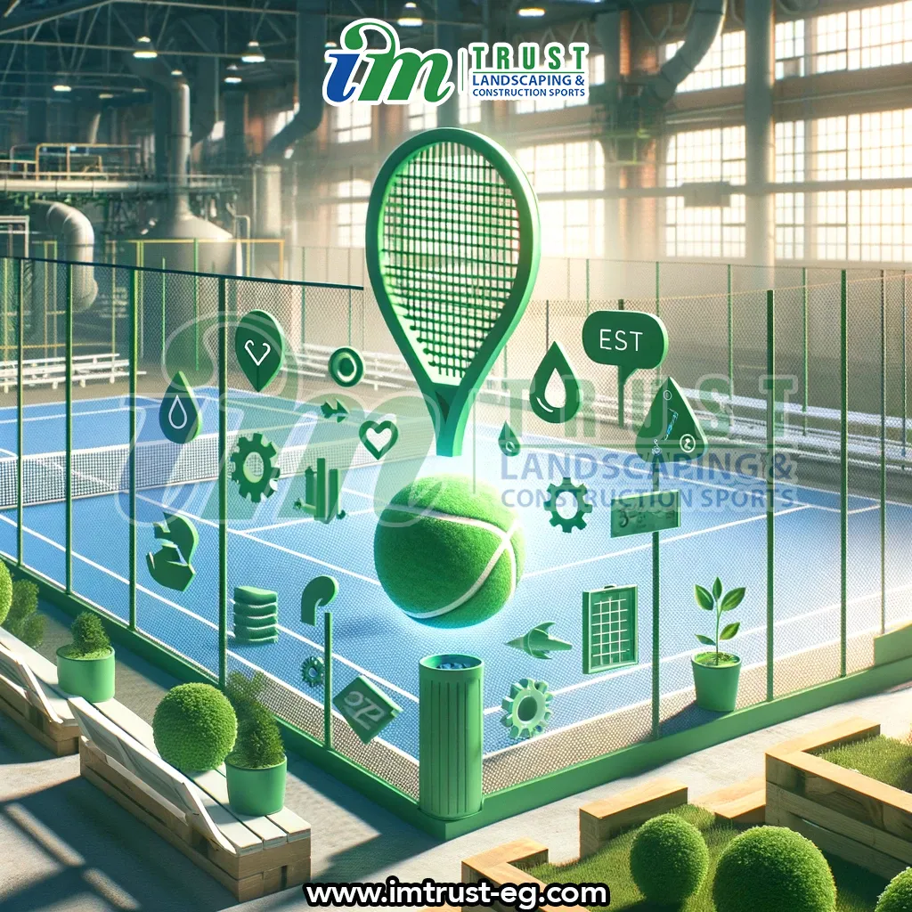 An image showcasing sustainable practices in padel court manufacturing. The image should include eco-friendly materials, energy-efficient manufacturing 