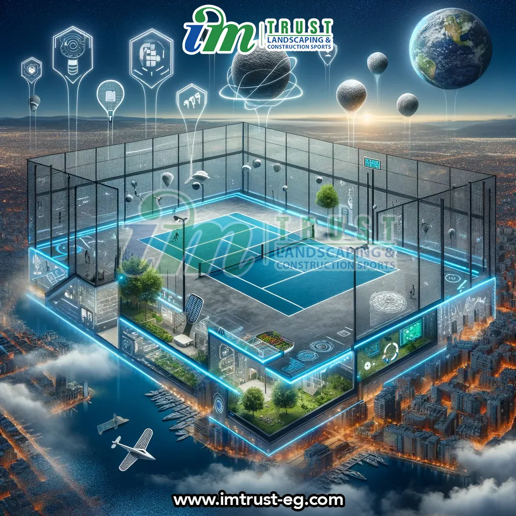 An innovative and futuristic padel court design, showcasing eco-friendly materials, smart court technology, and space-efficient features. The court