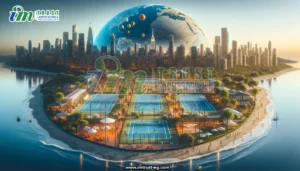 A thematic landscape image representing the world of padel sports, showcasing a variety of padel courts in different environments like urban areas