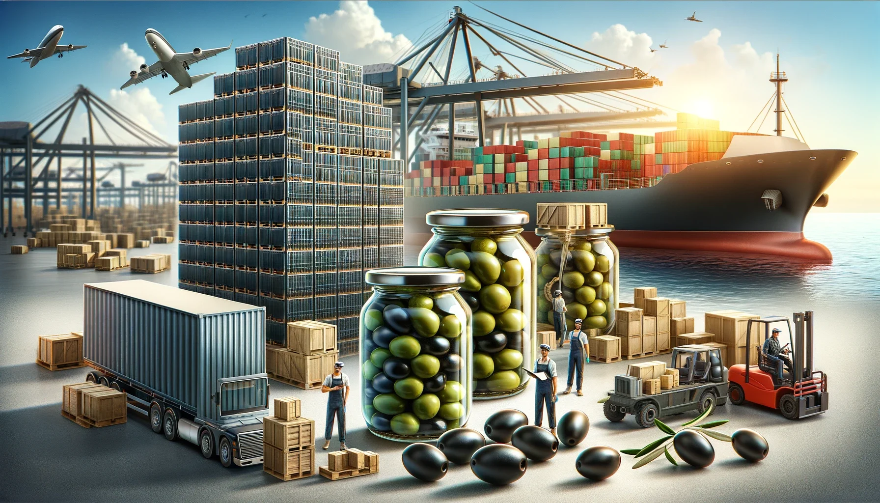 olives export company featuring a warehouse with olive crates, workers packing olives, jars of green and black pickled olives, a dish of mixed pickled olives, a truck for land freight, and a ship for sea freight.