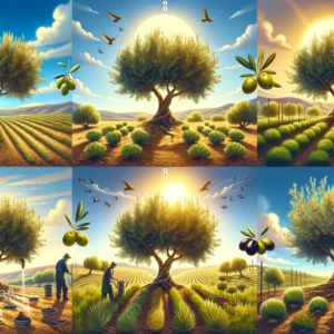 A Mediterranean olive grove showing different stages of olive cultivation: planting young olive trees, pruning branches, watering the trees, applying fertilizers, and monitoring for pests and diseases under a bright, sunny sky with well-drained soil.