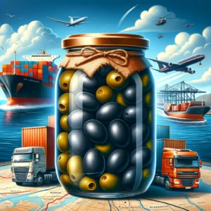 A vibrant image showing a jar of pickled black olives. The background features elements of sea and land shipping, including a ship and a truck, representing the transportation process. The colors are vivid and appealing, highlighting the olives inside the jar prominently.