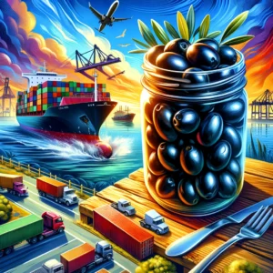 A vibrant image of black olives in a jar, set against a background featuring maritime and land shipping elements. The background includes a ship at sea, trucks on a road, and containers, all depicted in bright and attractive colors.