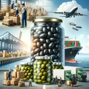 shipping background featuring jars of black and green pickled olives, with a warehouse, olive crates, workers, a truck for land freight, and a ship for sea freight.