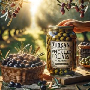 Turkan Trading - Pickled Olives Exporter, close-up of freshly harvested olives being pickled in a glass jar in an olive grove.

