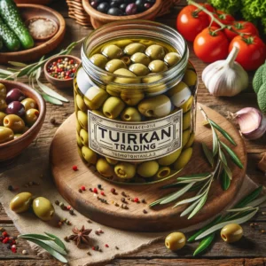 Turkan Trading - Pickled Olives Exporter, high-angle shot of pickled olives jar surrounded by fresh vegetables and Mediterranean ingredients.