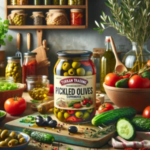 Turkan Trading - Pickled Olives Exporter, vibrant Mediterranean kitchen with a jar of pickled olives and fresh ingredients for salad.

