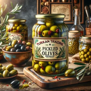 Turkan Trading - Pickled Olives Exporter, premium pickled olives jar in a rustic Mediterranean kitchen with olive branches and salad ingredients.