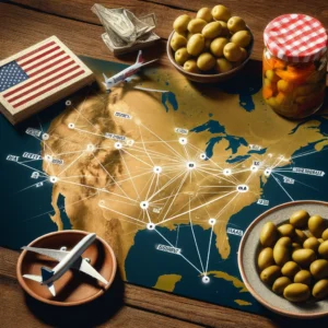 distribution network connections across New York and the USA, with shipping routes to Egypt, including sea and air freight. The map also features olives pickled in a jar and a dish with olives.