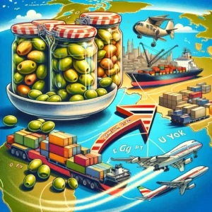 Illustration of premium olives being exported from Egypt to New York, showing jars of pickled olives, olives in a dish, and shipping elements like cargo ships and airplanes