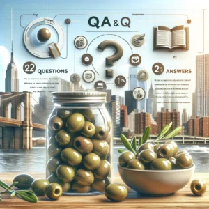 n FAQ section about New York's olives supplier, featuring a Q&A format with icons for questions and answers. Prominently shows olives in a jar and a dish, with New York landmarks in the background.