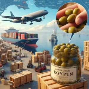 High-quality Egyptian olives being supplied to New York, featuring crates of olives being loaded onto a plane and a ship. Close-ups of olives in a jar and a dish highlight their freshness and quality, with a map showing Egypt and New York.