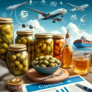 jars of pickled olives, olives in a dish, and shipping elements like cargo ships and airplanes, illustrating the import process from Egypt to the USA with customs symbols