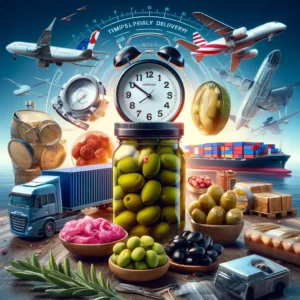 Logistics and distribution for timely delivery of olives with elements from the USA and Egypt, featuring green, black, sliced, stuffed, whole, and pickled olives in a jar, along with sea and air freight shipping symbols