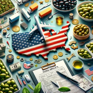 Navigating olives import regulations in the USA with elements from USA and Egypt, featuring green, black, sliced, stuffed, and whole olives, sea and air freight shipping, and regulatory documents