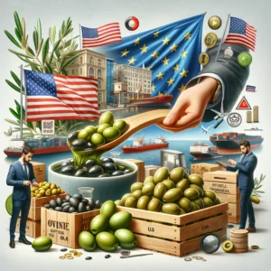 Carefully selected green, black, sliced, stuffed, and whole olives for export to the USA, highlighting quality control and international standards with flags of Egypt and the USA