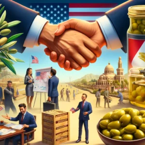 successful partnerships between Egyptian olive producers and US businesses, featuring business meetings, handshake agreements, crates of olives, and US and Egyptian flags. Includes close-ups of olives in a jar and a dish.