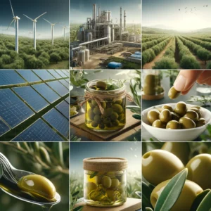 sustainability practices in the olive industry, featuring solar panels, eco-friendly packaging, and organic olive farming. Includes close-ups of olives in a jar and a dish with a lush, green olive grove in the background.