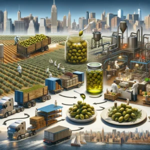 the olive supply chain from farm to table in New York. Shows harvesting olives, processing and packaging, transportation via truck, and olives served on a table in New York. Includes close-ups of olives in a jar and a dish with New York's cityscape in the background.