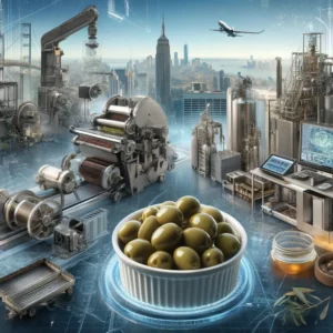  technology in olive export from New York, featuring advanced machinery, digital tracking systems, and automated shipping logistics. Includes high-quality olives in a jar and a dish with New York's skyline in the background.