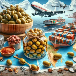 jars of pickled olives, olives in a dish, and shipping elements like cargo ships and airplanes, illustrating the wholesale and bulk supply of olives from Egypt to the USA