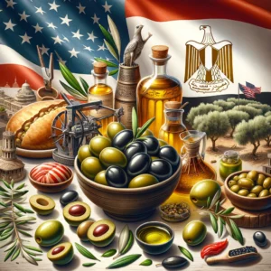 Egyptian olives preferred in the USA, showcasing green, black, sliced, stuffed, and whole olives with symbols of traditional farming methods and flags of Egypt and the USA